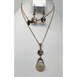 Grandmothers Buttons Rivoli Necklace & Earrings Set Gold-Tone & Pink & Iridescen
